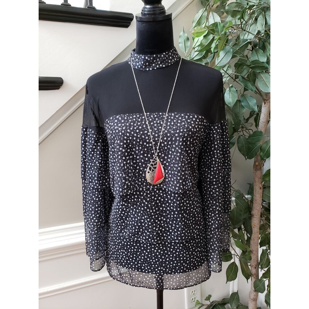 JM Studio Top Blouse Women XL Black Polka Dot Ruffle Front Long Sleeve Mock Neck